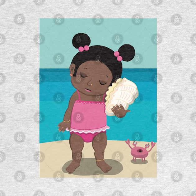 Vacation mood on - cute little dark girl having a quiet moment on the beach listening to the sound of a seashell, lighter ,no text by marina63